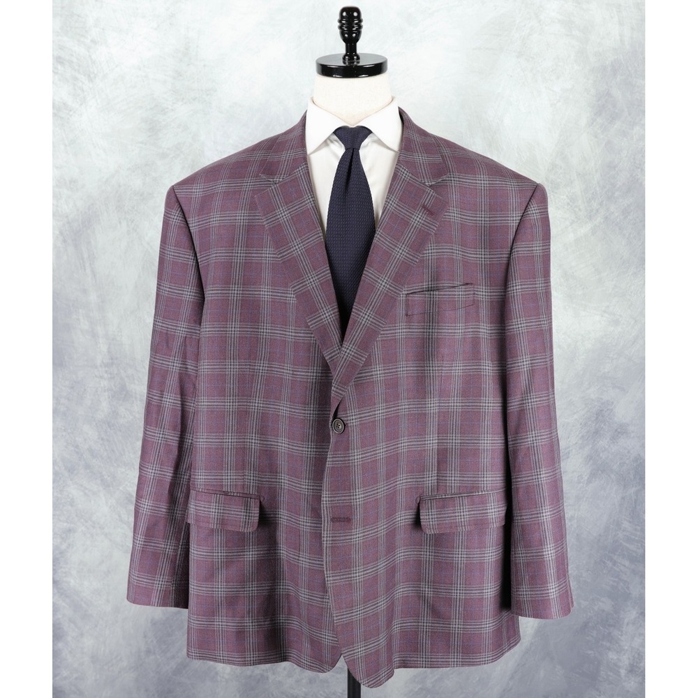 Oak Hill Sport Coat Mens 3XL 54R/56R Silk & Wool Purple Gray Blue Checks Plaid